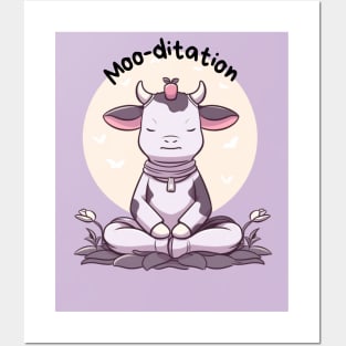 Kawaii Cute Yoga Meditating Cow Posters and Art